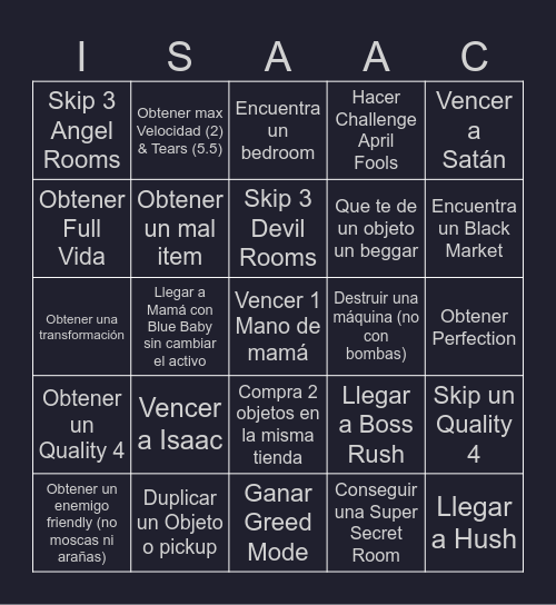 Isaac Bingo Card