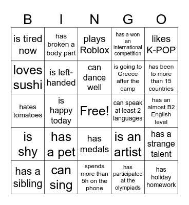 Summer Camp MEVINGTON Bingo Card