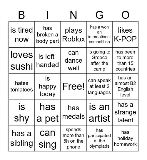 Summer Camp MEVINGTON Bingo Card