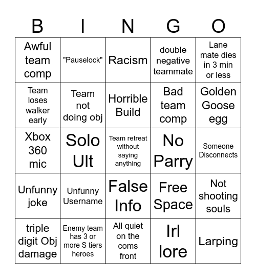 Deadlock Bingo Card