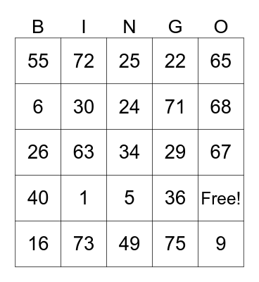 1-75 Bingo Card