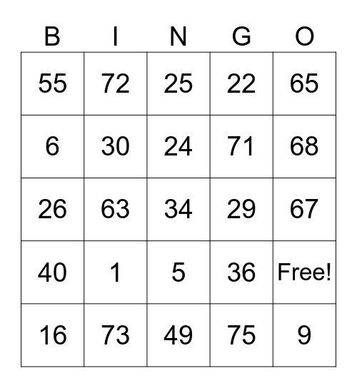 1-75 Bingo Card