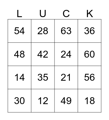 Time Table Bingo Card