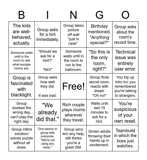 Escape Room GM Bingo Card