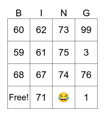 Number 1-3; 58-63; 67-76; 99-100 Bingo Card