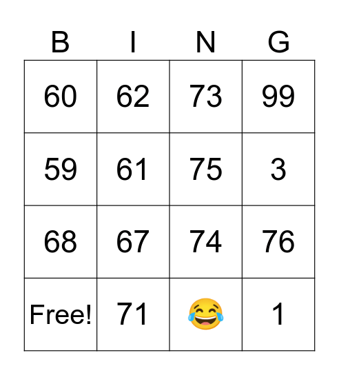 Number 1-3; 58-63; 67-76; 99-100 Bingo Card