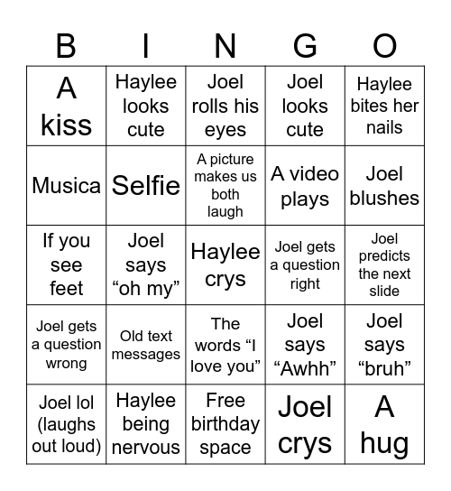 Joel’s birthday bingo Card