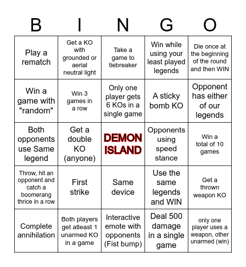 Brawlhalla Ranked 2v2 Bingo Card