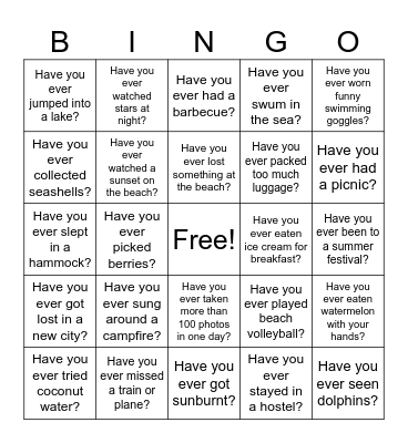 Summer Activities Bingo Card