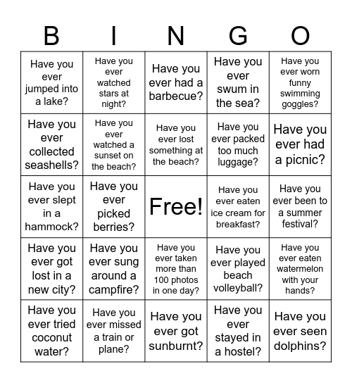 Summer Activities Bingo Card