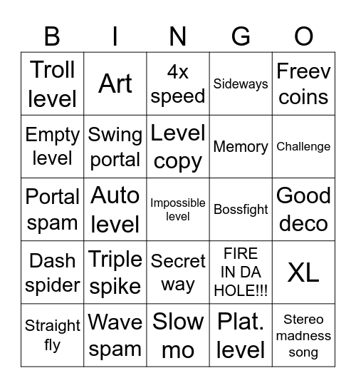 Geometry Dash Bingo Card