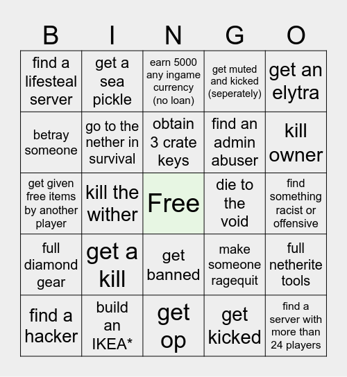 Minehut Bingo Card
