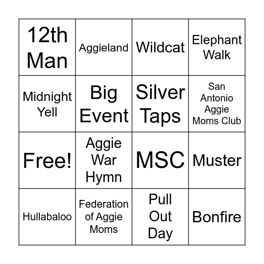 Aggie Bingo Card