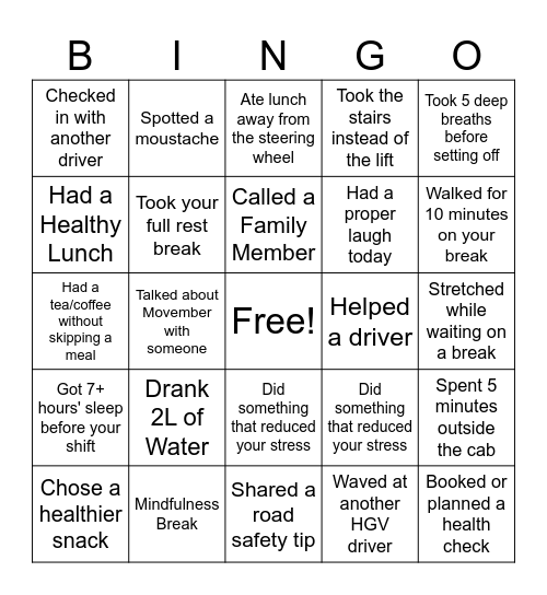 Movember Cab Bingg Bingo Card
