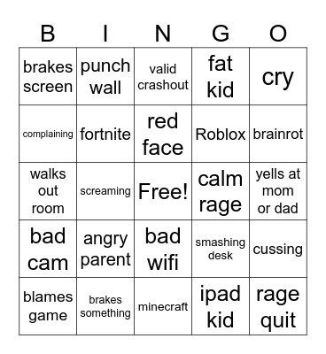 kids crashing out Bingo Card