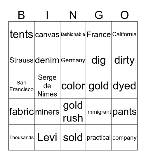 blue jeans Bingo Card