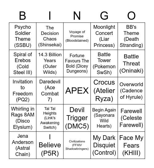 2019 VGM contest Bingo Card