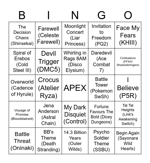 2019 VGM contest Bingo Card