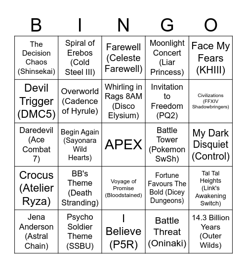 2019 VGM contest Bingo Card