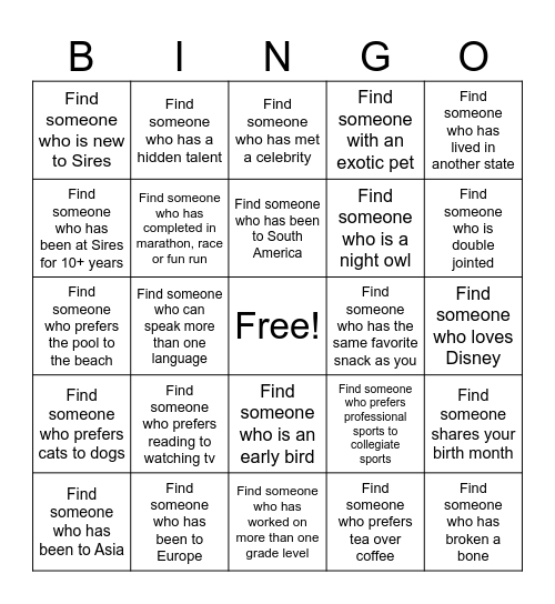 SIRES BINGO Card