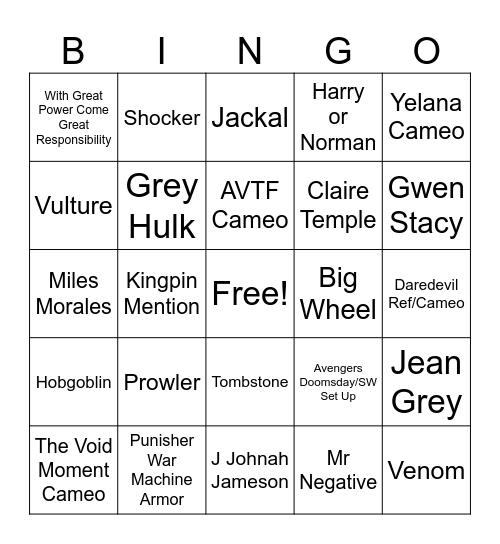 Spider-Man Brand New Day BINGO Card
