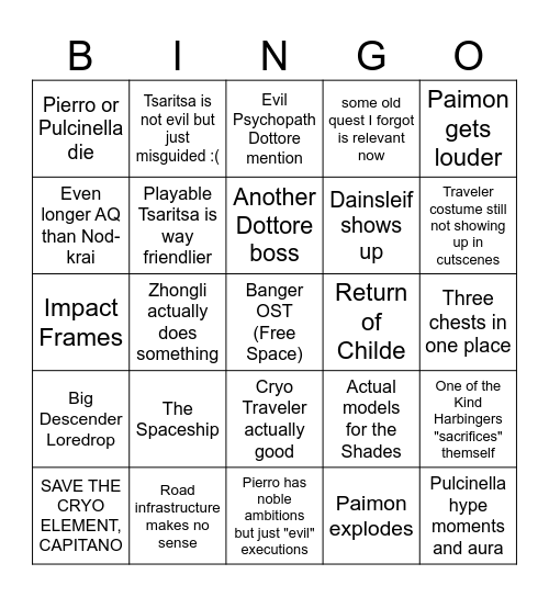 Snezhnaya Bingo Card