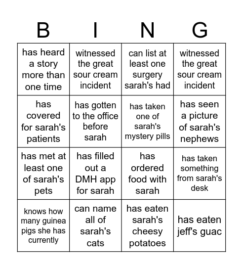 sarah's farewell Bingo Card