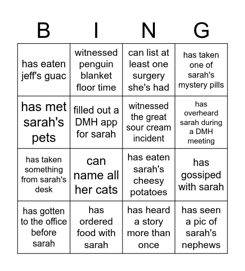 sarah's farewell Bingo Card
