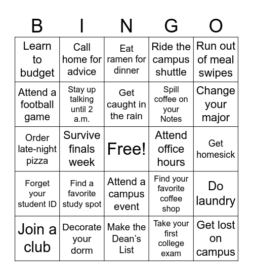 College Bingo Card