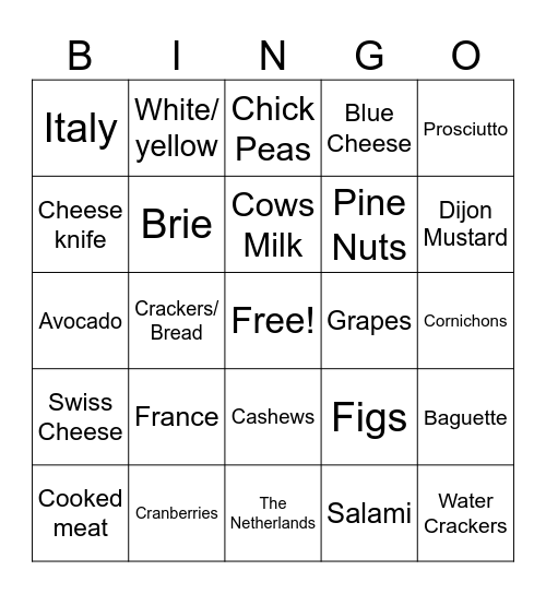 Charcuterie board Bingo Card