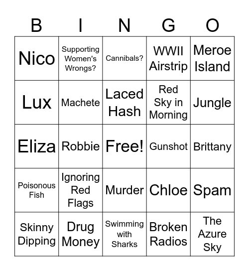 Reckless Girls Bingo Card