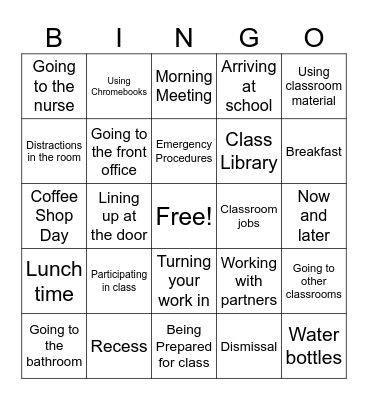 Routines and Procedures Bingo Card