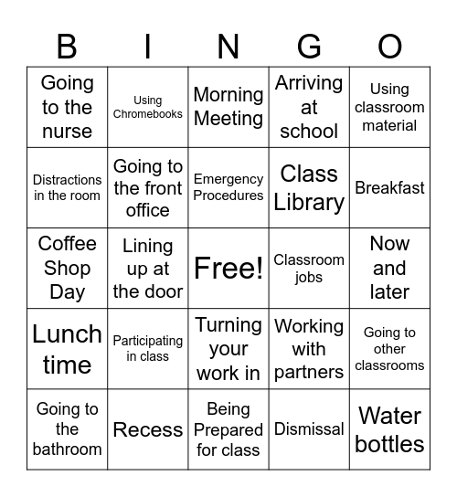 Routines and Procedures Bingo Card