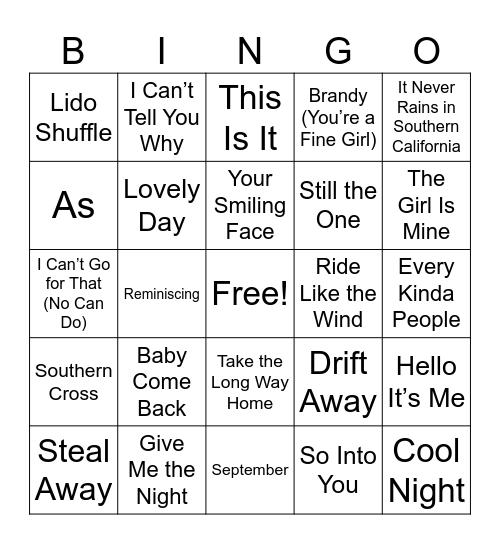 Yacht Rock Bingo Card