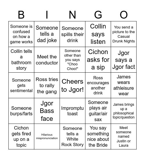 J-GOR'S J-GLORIOUS BACHELOR PARTY!! Bingo Card