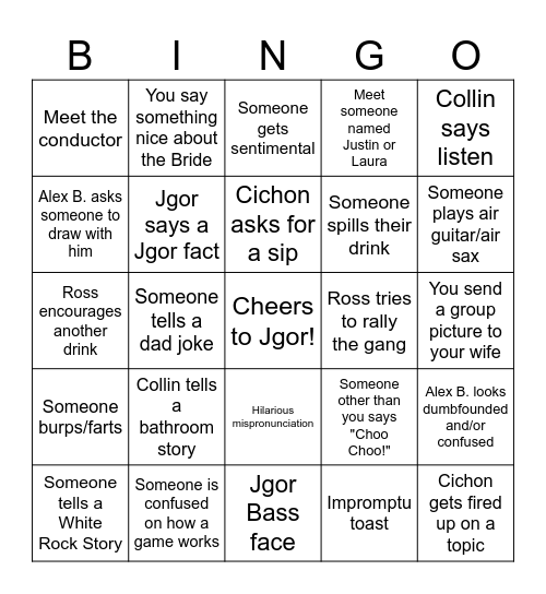 J-GOR'S J-GLORIOUS BACHELOR PARTY!! Bingo Card