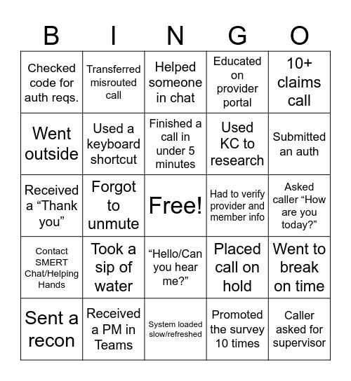 PSA Bingo Card