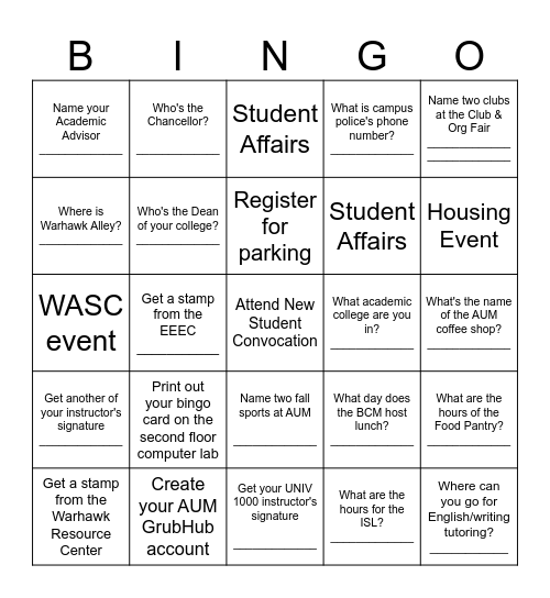 UNIV 1000 Bingo Card