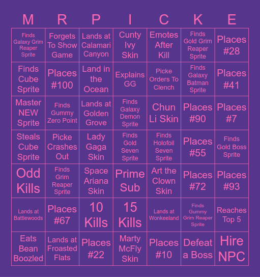 Picke's Bingo Night! Bingo Card
