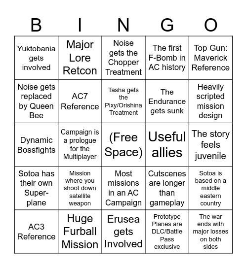 Ace Combat 8 Bingo Card