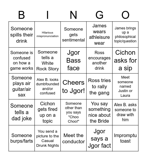 J-GOR'S J-GLORIOUS BACHELOR PARTY!! Bingo Card