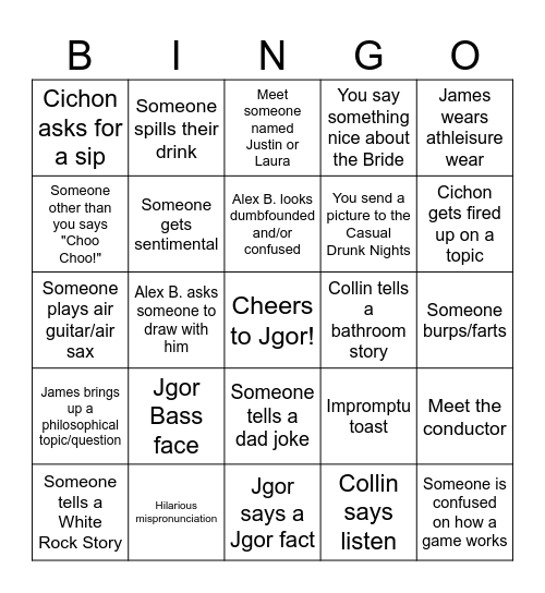 J-GOR'S J-GLORIOUS BACHELOR PARTY!! Bingo Card