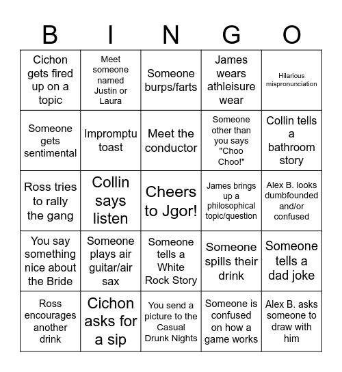 J-GOR'S J-GLORIOUS BACHELOR PARTY!! Bingo Card