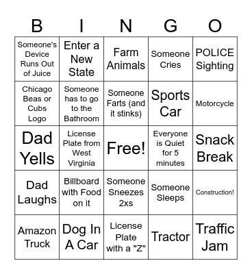 Car Ride Bingo Card