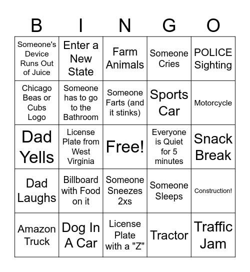 Car Ride Bingo Card