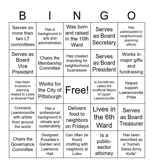 LT Board Member Bingo Card
