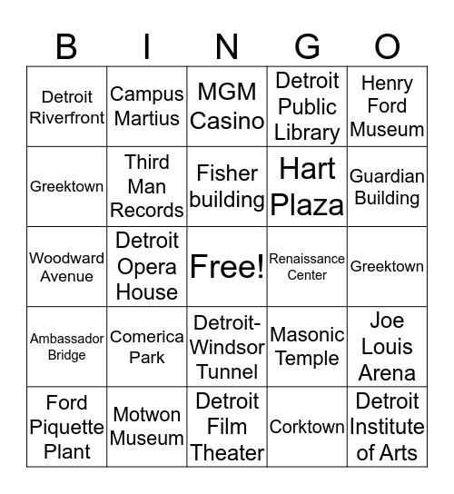Detroit Themed Bingo Card