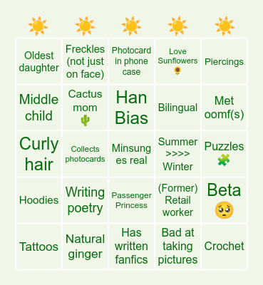 Sun' sunshine Bingo Card