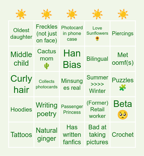 Sun' sunshine Bingo Card