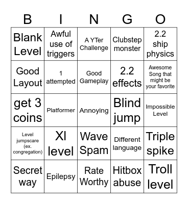 Recent Tab Bingo (Geometry Dash) Bingo Card
